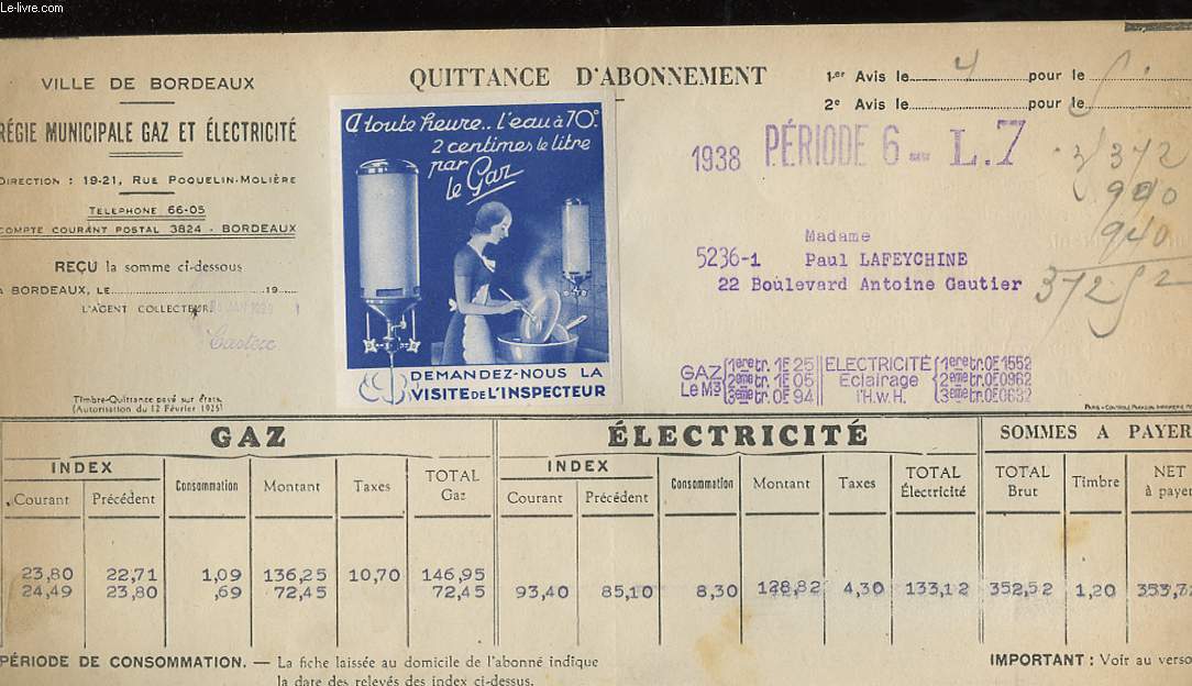 1 QUITTANCE D'ABONNEMENT - VILLE DE BORDEAUX, REGIE MUNICIPALE GAZ ET ELECTRICITE