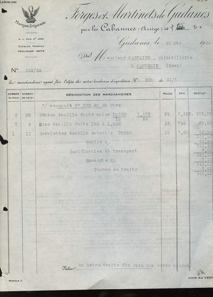1 FACTURE ANCIENNE - FORGES ET MARTINETS DE GUDANES PAR LES CABANNES, TOULOUSE