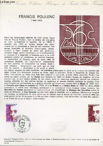 DOCUMENT PHILATELIQUE OFFICIEL N19-74 - FRANCIS POULENC (1899-1963) (N1785 YVERT ET TELLIER)