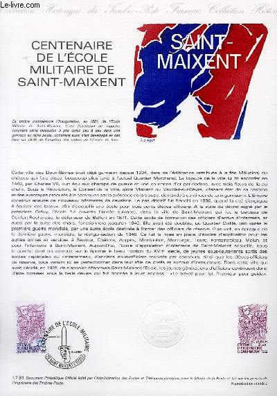 DOCUMENT PHILATELIQUE OFFICIEL N17-81 - CENTENAIRE DE L'ECOLE MILITAIRE DE SAINT MAIXENT (N2140 YVERT ET TELLIER)