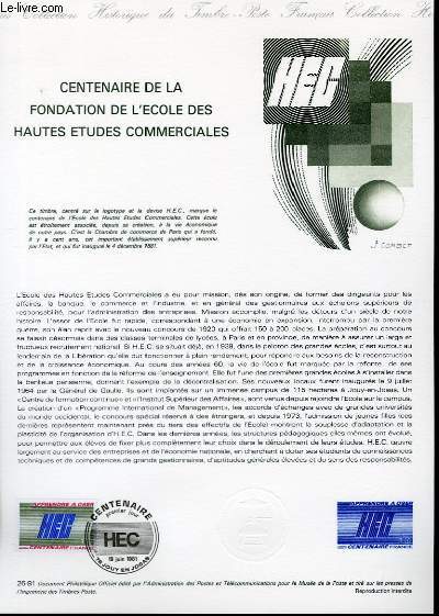 DOCUMENT PHILATELIQUE OFFICIEL N26-81 - CENTENAIRE DE LA FONDATION DE L'ECOLE DES HAUTES ETUDES COMMERCIALES (N214 YVERT ET TELLIER)