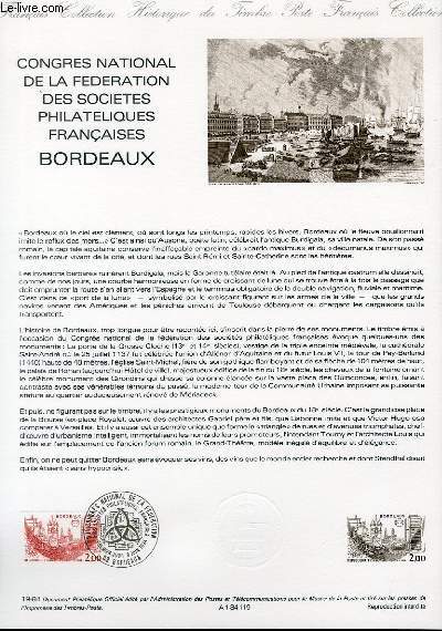 DOCUMENT PHILATELIQUE OFFICIEL N19-84 - CONGRES NATIONAL DE LA FEDERATION DES SOCIETES PHILATELIQUES FRANCAISES BORDEAUX (N2316 YVERT ET TELLIER)