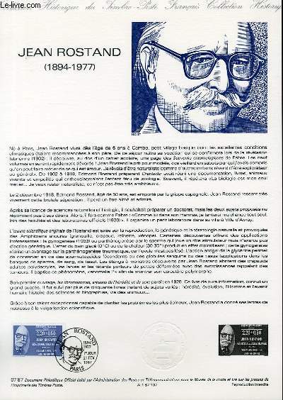 DOCUMENT PHILATELIQUE OFFICIEL N07-87 - JEAN ROSTAND 1894-1977 (N2458 YVERT ET TELLIER)