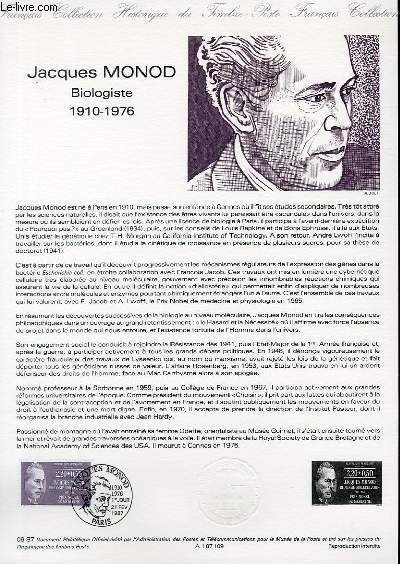 DOCUMENT PHILATELIQUE OFFICIEL N09-87 - JACQUES MONOD - BIOLOGISTE 1910-1976 (N2459 YVERT ET TELLIER)