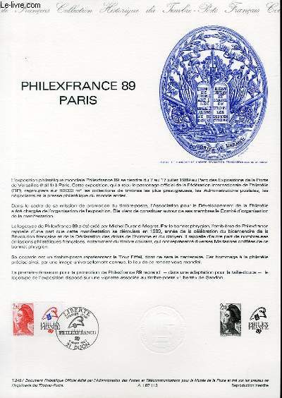 DOCUMENT PHILATELIQUE OFFICIEL N12-87 - PHILEXFRANCE 89 PARIS (N2461 YVERT ET TELLIER)