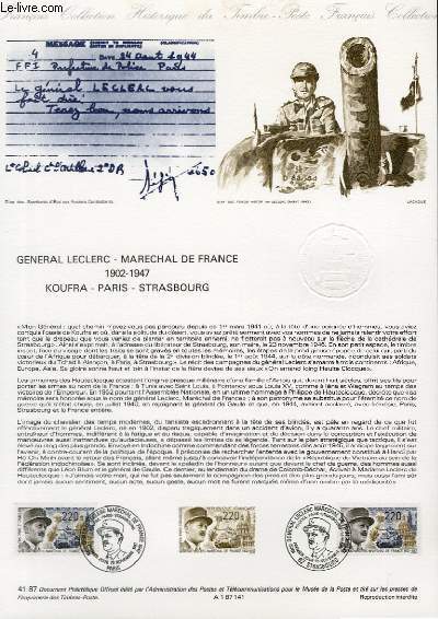 DOCUMENT PHILATELIQUE OFFICIEL N41-87 - GENERAL LECLERC - MARECHAL DE FRANCE 1902-1947 - KOUFRA - PARIS - STRASBOURG (N2499 YVERT ET TELLIER)