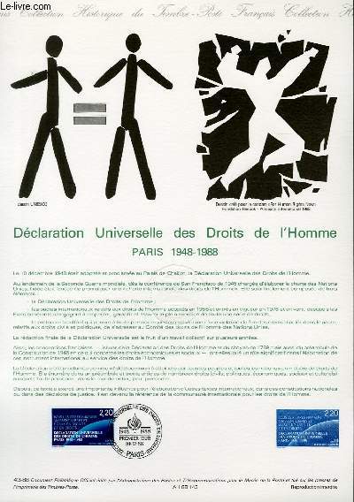 DOCUMENT PHILATELIQUE OFFICIEL N43-88 - DECLARATION UNIVERSELLE DES DROITS DE L'HOMME PARIS 1948 - 1988 (N2559 YVERT ET TELLIER)