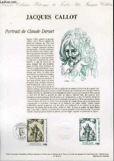 DOCUMENT PHILATELIQUE OFFICIEL N19-92 - JACQUES CALLOT - PORTRAIT DE CLAUDE DERUET (N2761 YVERT ET TELLIER)