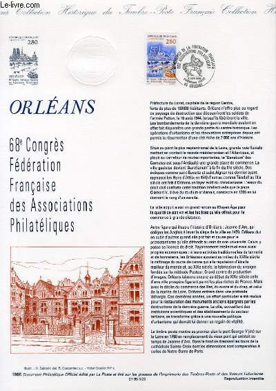 DOCUMENT PHILATELIQUE OFFICIEL - ORLEANS - 68 CONGRES FEDERATION FRANCAISE DES ASSOCIATIONS PHILATELIQUES (N2953 YVERT ET TELLIER)