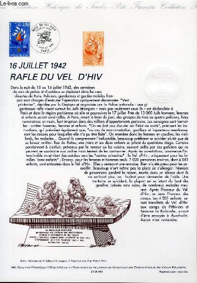 DOCUMENT PHILATELIQUE OFFICIEL - 16 JUILLET 1942 - RAFLE DU VEL D'HIV (N2965 YVERT ET TELLIER)
