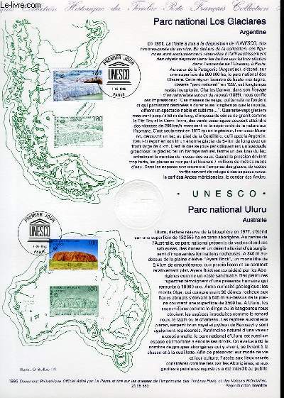 DOCUMENT PHILATELIQUE OFFICIEL - UNESCO - PARC NATIONAL LOS GLACIARES ARGENTINE - PARC NATIONAL ULURU AUSTRALIE (SERVICE 114 115 YVERT ET TELLIER)