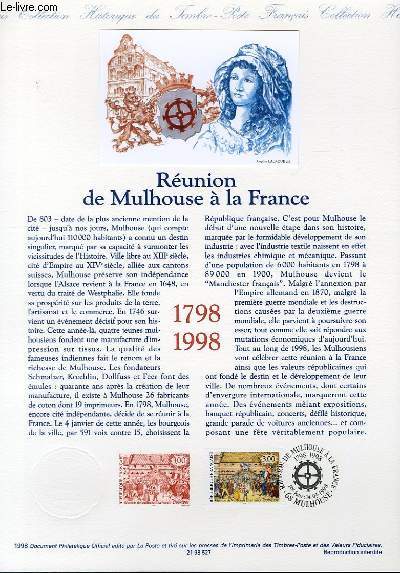 DOCUMENT PHILATELIQUE OFFICIEL - REUNION DE MULHOUSE A LA FRANCE (N3142 YVERT ET TELLIER)
