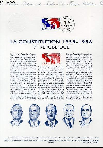 DOCUMENT PHILATELIQUE OFFICIEL - LA CONSTITUTION 1958-1998 - 5 REPUBLIQUE (N3195 YVERT ET TELLIER)