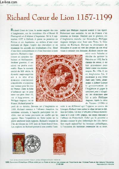 DOCUMENT PHILATELIQUE OFFICIEL - RICHARD COEUR DE LION 1157-1199 (N3238 YVERT ET TELLIER)