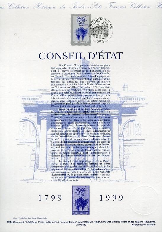 DOCUMENT PHILATELIQUE OFFICIEL - CONSEIL D'ETAT 1799-1999 (N3293 YVERT ET TELLIER)