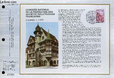 FEUILLET ARTISTIQUE PHILATELIQUE - CEF - N 276 - CONGRES NATIONAL DE LA FEDERATION DES SOCIETES PHILATELIQUES FRANCAISES - COLMAR 1974