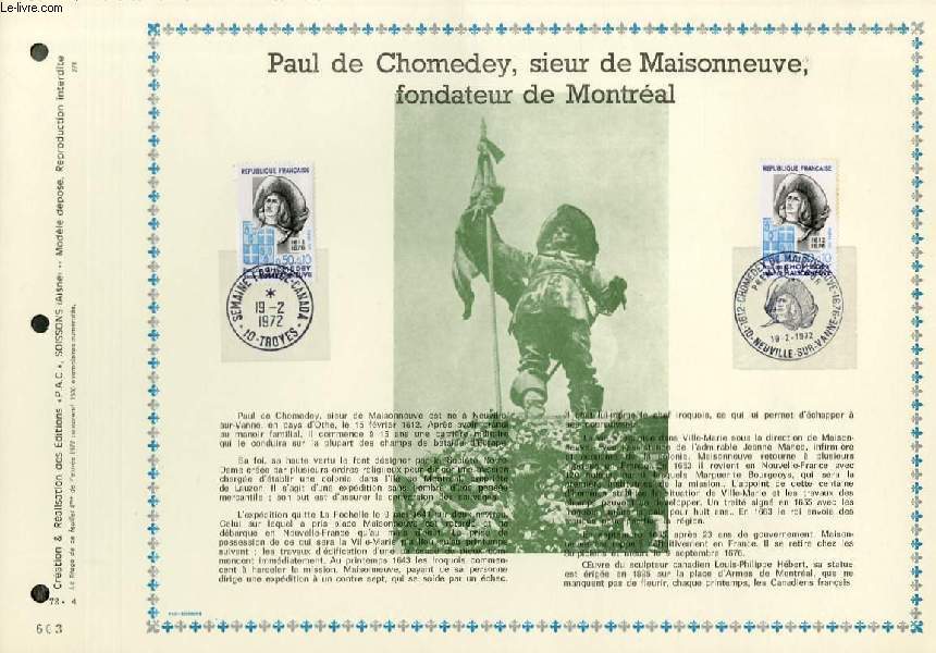 FEUILLET ARTISTIQUE PHILATELIQUE - PAC - 72 - 04 - PAUL DE CHOMEDEY, SIEUR DE MAISONNEUVE, FONDATEUR DE MONTRE