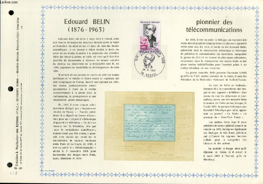 FEUILLET ARTISTIQUE PHILATELIQUE - PAC - 72 - 20 - EDOUARD BELIN (1876 - 1963) - PIONNIER DES TELECOMMUNICATIONS