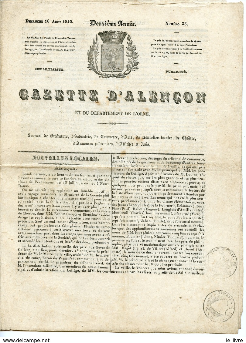 JOURNAL GAZETTE D'ALENCON N33 ET DE L'ORNE DU DIMANCHE 16 AOUT 1840