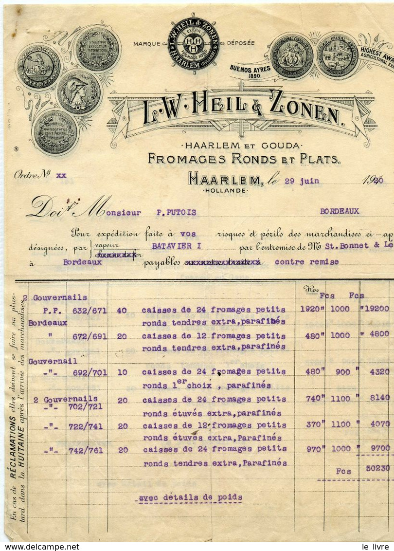 HOLLANDE FACTURE FROMAGES HEIL & ZONEN A HAARLEM 1920
