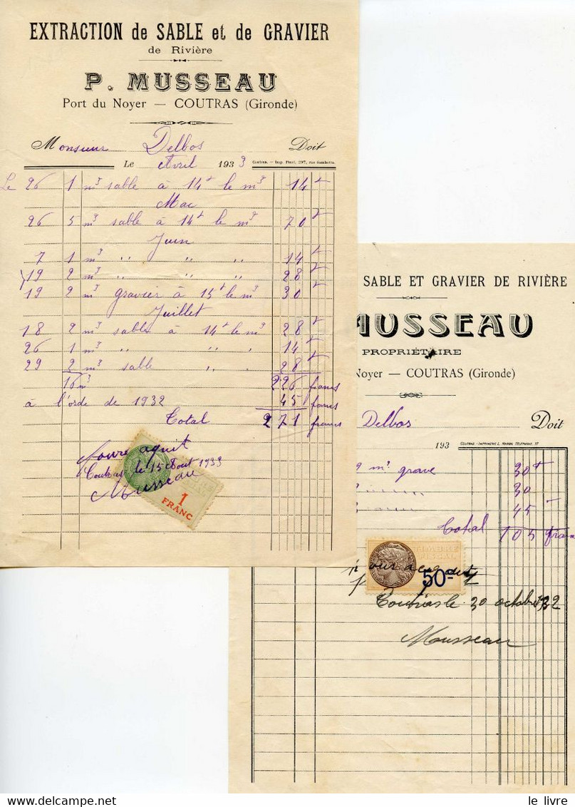 LOT DE 2 FACTURETTES EXTRACTION SABLE ET GRAVIER P. MUSSEAU A COUTRAS 1933