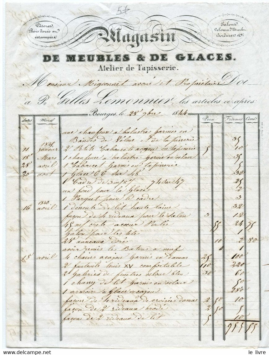 FACTURE MAGASIN DE MEUBLES ET DE GLACES ATELIER DE TAPISSERIE GILLES LEMONNIER A BOURGES 1844