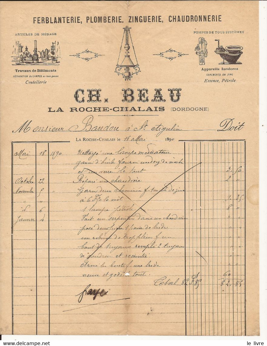 LA ROCHE CHALAIS DORDOGNE LOT DE 2 FACTURES ARTICLES DE MENAGE CH. BEAU 1890