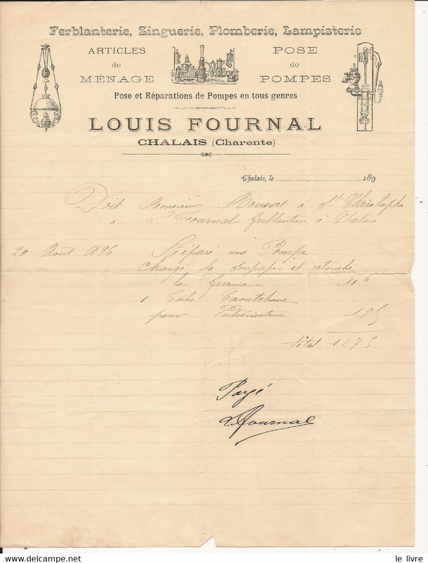CHALAIS 16 FACTURE 1897 FERBLANTERIE ZINGUERIE PLOMBERIE LAMPISTERIE FOURNAL