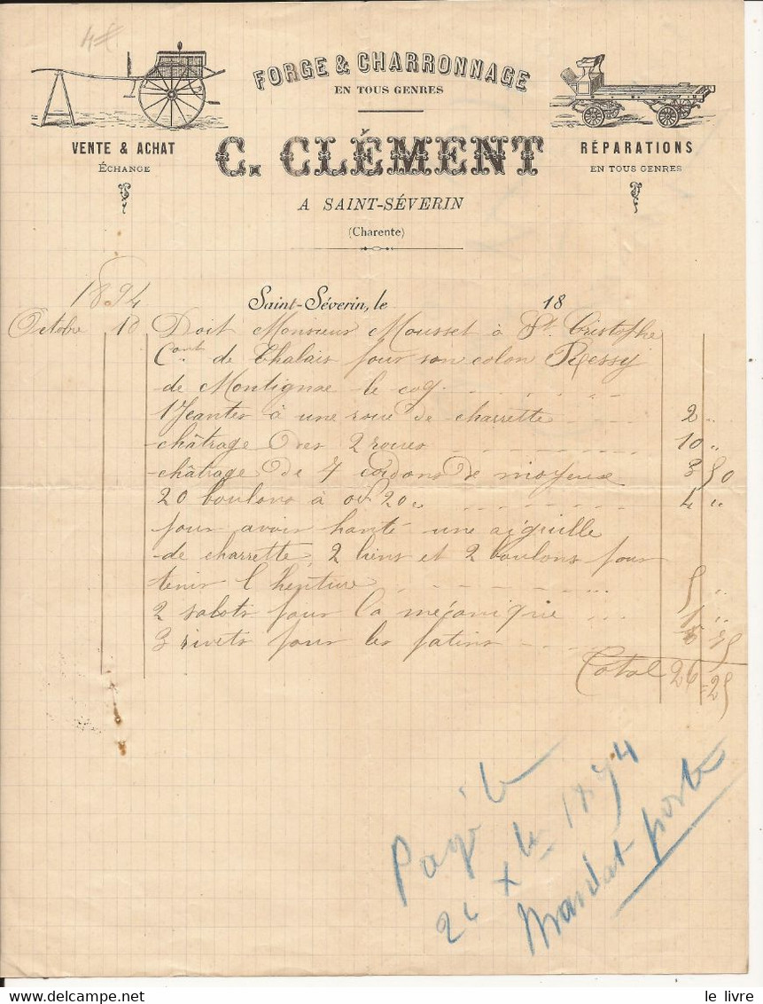 SAINT-SEVERIN 16 FACTURE 1894 FORGE ET CHARRONNAGE CLEMENT