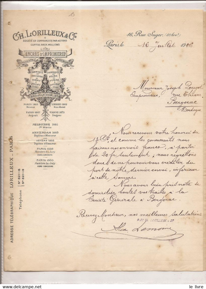 FACTURE COURRIER COMMERCIAL ENCRES D'IMPRIMERIE LORILLEUX PARIS 1906