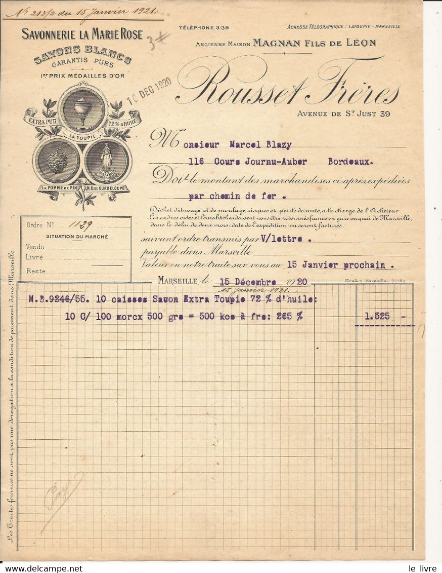 FACTURE SAVONNERIE DE MARIE-ROSE ROUSSET FRERES ANCIENNE MAISON MAGNAN FILS DE LEON MARSEILLE 1920