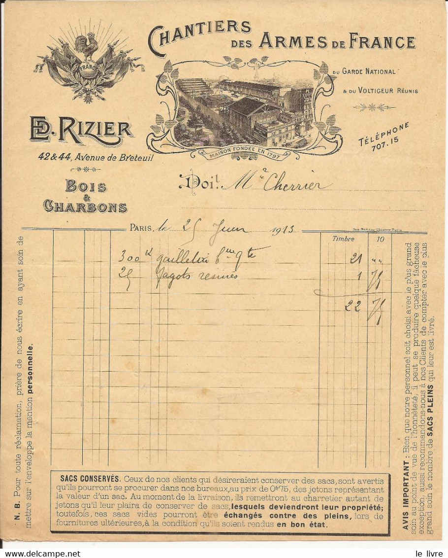 PETITE FACTURE CHANTIERS DES ARMES DE FRANCE BOIS ET CHARBON ED. RIZIER A PARIS 1913