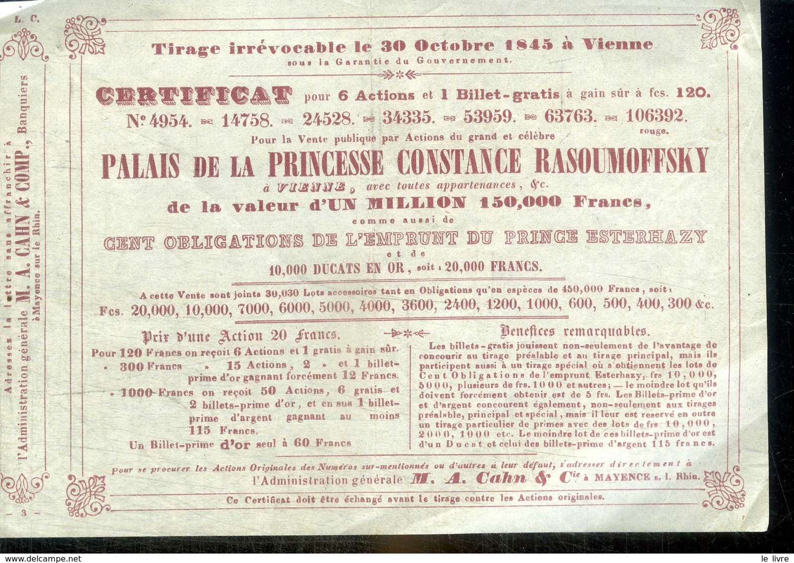 AUTRICHE VIENNE 1845. CERTIFICAT DE 6 ACTION VENTE PUBLIQUE DU PALAIS DE LA PRINCESSE CONSTANCE RASOUMOFFSKY