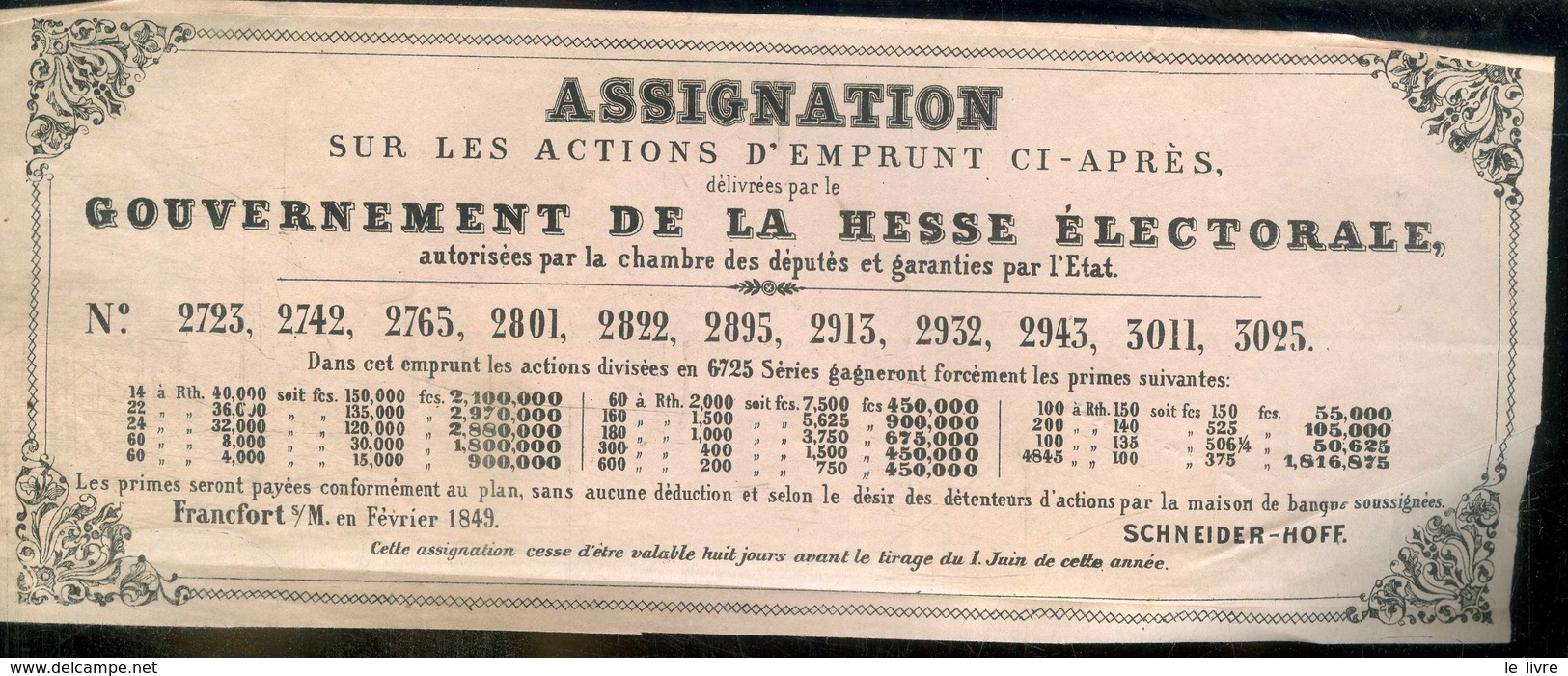 FRANCFORT 1849. GOUVERNEMENT DE LA HESSE ELECTORALE. ASSIGNATION SUR ACTIONS D'EMPRUNT. BANQUE SCHNEIDER-HOFF.