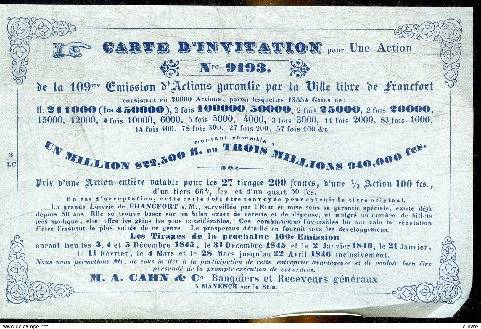VILLE LIBRE DE FRANCFORT. CERTIFICATION D'INVITATION POUR UNE ACTION. TIRAGES DE 1845 ET 1846