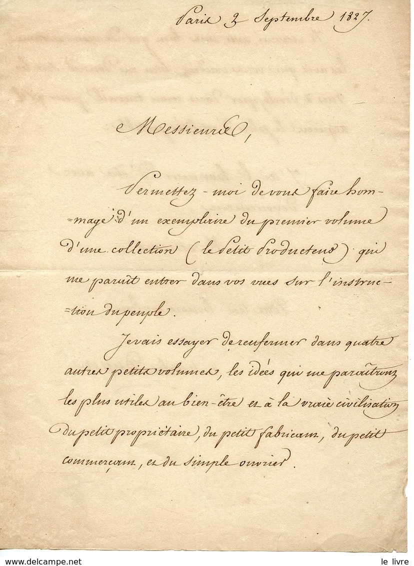 CHARLES DUPIN MATHEMATICIEN ET HOMME POLITIQUE. LAS 1827 ENVOI DU PREMIER VOLUME DU 