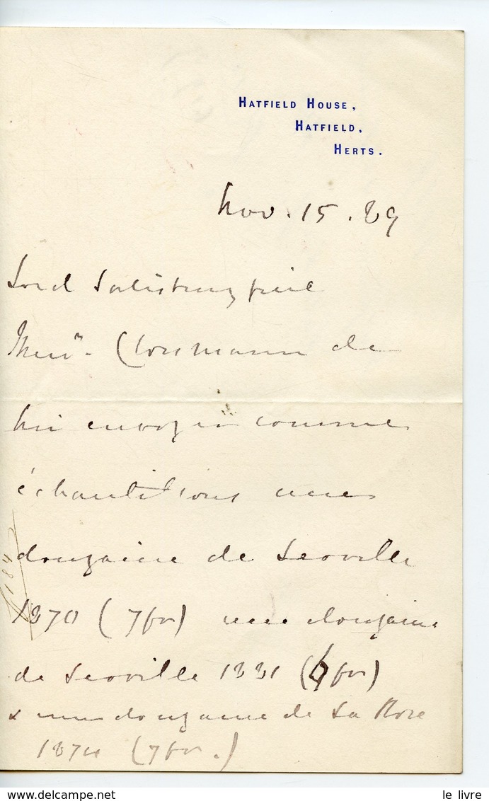 ROBERT TALBOT GASCOYNE-CECIL MARQUIS DE SALISBURY 1889. BRISTOL COMMANDE DE VIN CHATEAU LA ROSE A CLOSMANN BORDEAUX