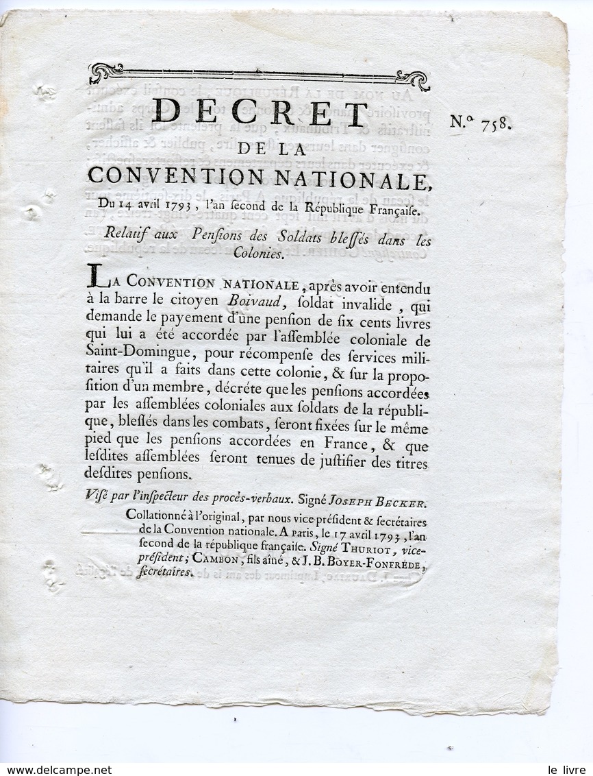 DECRET DE LA CONVENTION NATIONALE 1793 RELATIF AUX PENSIONS DES SOLDATS BLESSES DANS LES COLONIES