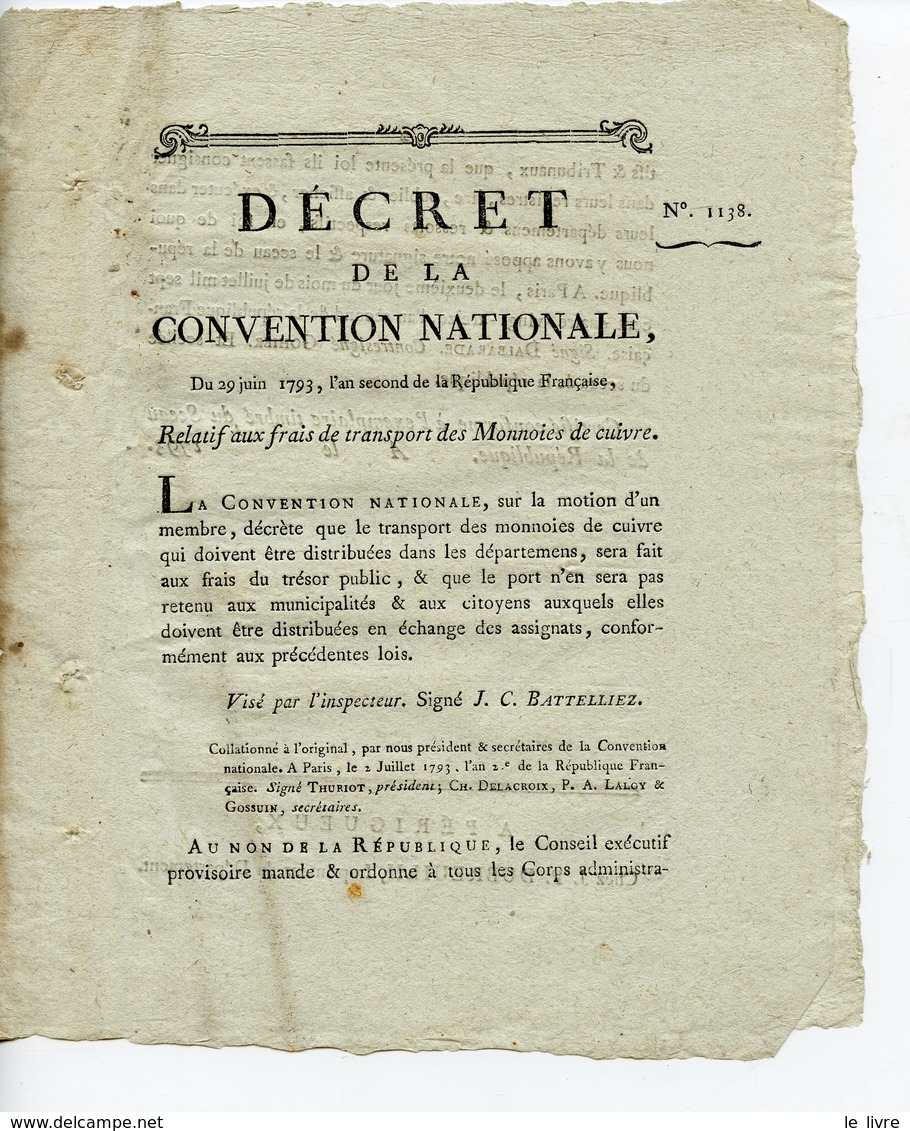 DECRET DE LA CONVENTION NATIONALE 1793 RELATIF AUX FRAIS DE TRANSPORT DES MONNAIES DE CUIVRE