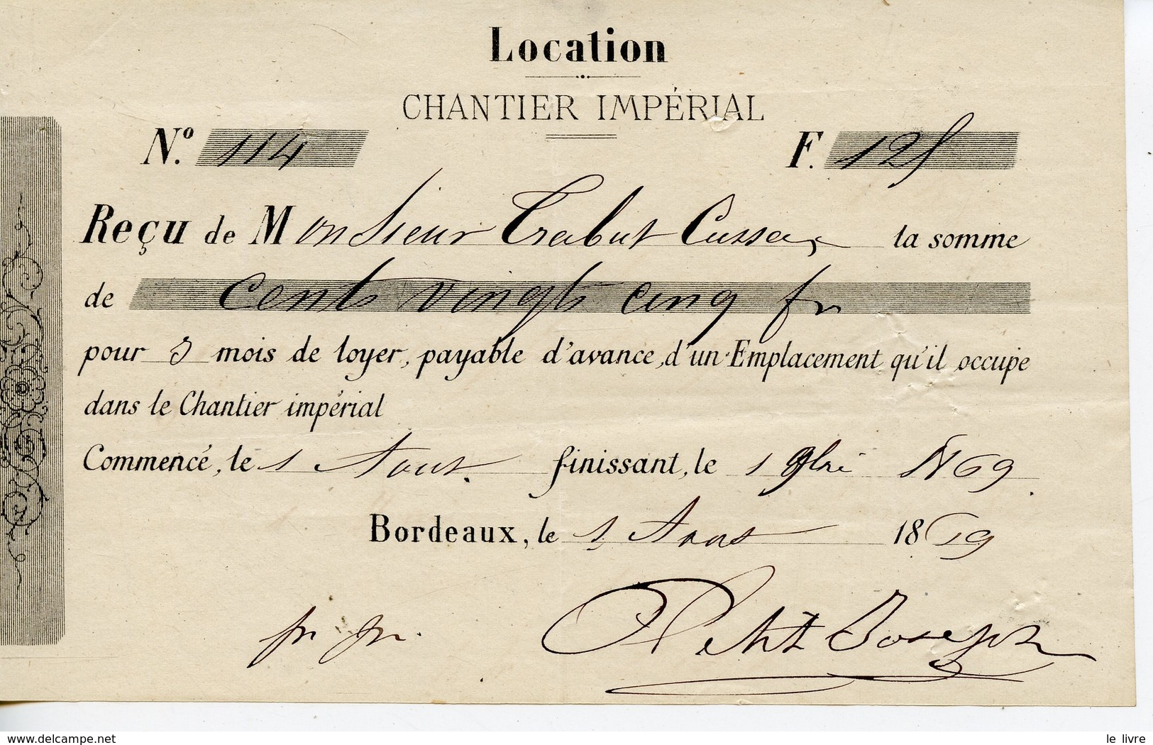 QUITTANCE DE LOYER LOCATION DANS LE CHANTIER IMPERIAL 1869