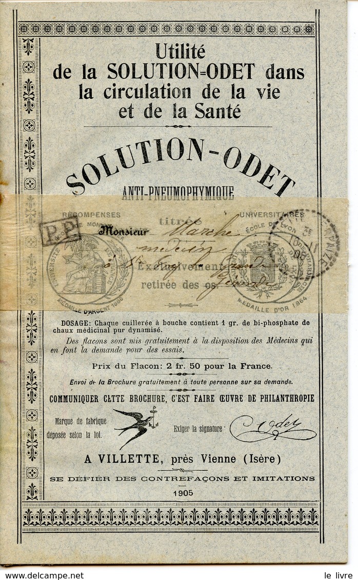 VILLETTE PRES VIENNE 38. BROCHURE DE LA SOLUTION ODET CIRCULATION DE LA VIE ET DE LA SANTE. AVEC BANDEAU POSTAL 1906