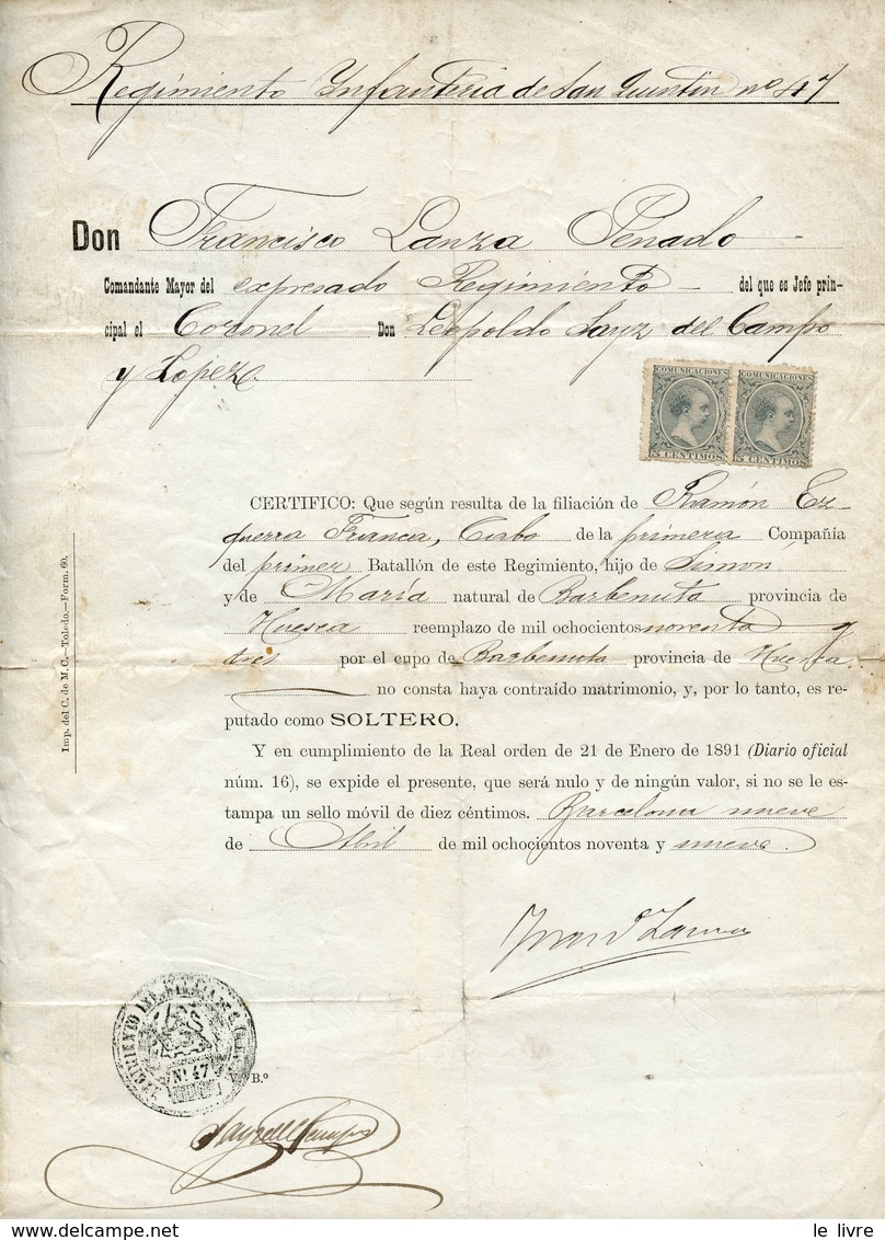 ESPAGNE REGIMENTO INFANTERIA 47 BARCELONE BARCELONA 1891 CERTIFICAT DE FILIATION. TIMBRES