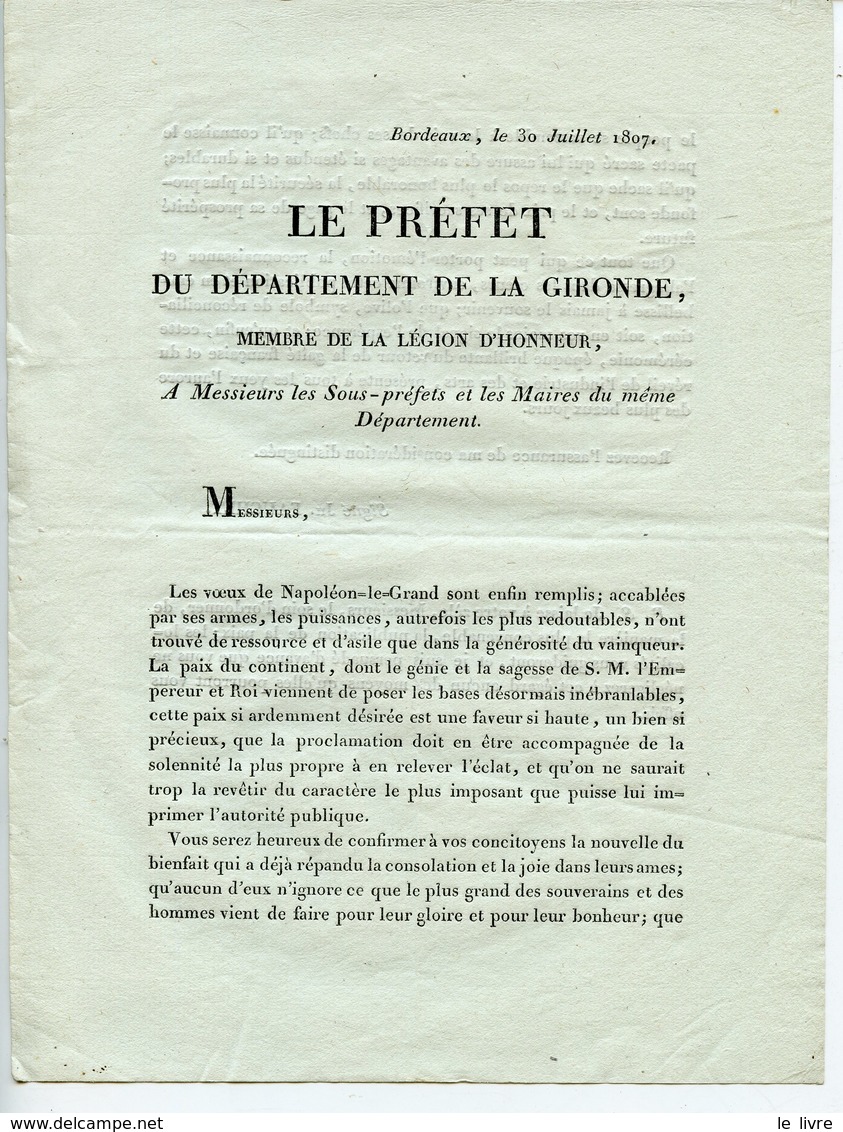 CIRCULAIRE DU PREFET DE GIRONDE 1807 PROCLAMATION ET PUBLICATION DE LA PAIX