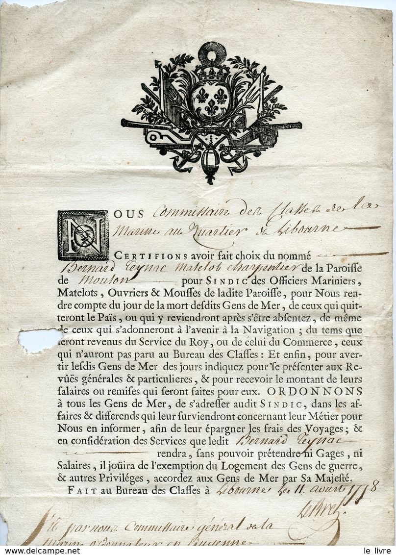 LIBOURNE 33 COMMISSAIRE GENERAL DE LA MARINE DESIGNATION D'UN SYNDIC DES GENS DE MER 1778