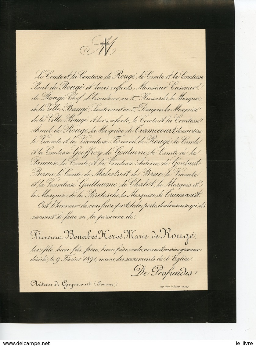 CHATEAU DE GUYENCOURT-SUR-NOYE 80 FAIRE-PART DE DECES DE BONABES HERVE MARIE DE ROUG 1891