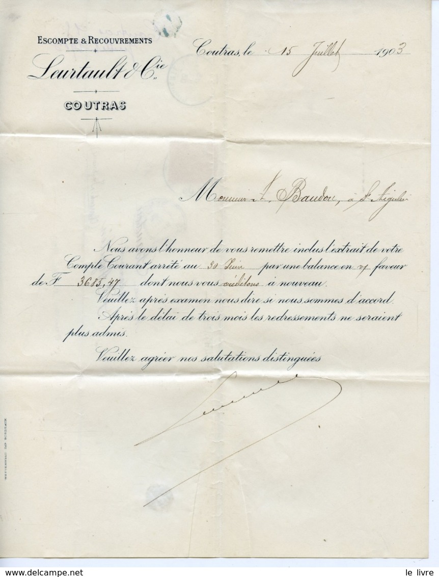 COUTRAS GIRONDE COURRIER COMMERCIAL LEURTAULT RECOUVREMENT ADRESSEE A BAUDOU ST-AIGULIN 1903