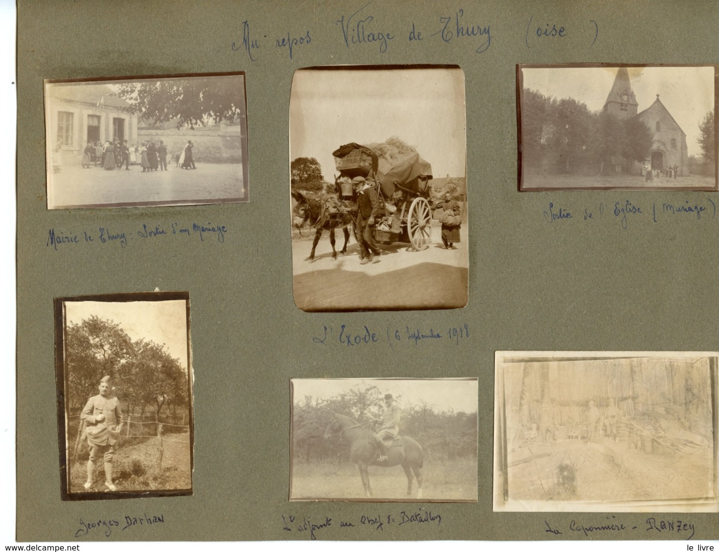 LOT DE 15 PHOTOGRAPHIES COLLEES SUR PAGE D'ALBUM 12 REGIMENT D'INFANTERIE VILLAGE DE THURY (OISE) ET HOEVILLE 1918