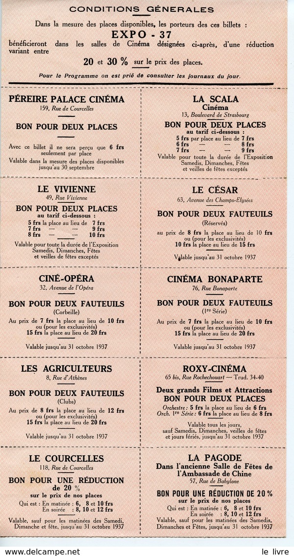 EXPOSITION DE PARIS 1937. BANDE DE 18 BONS DE REDUCTION POUR LES SALLES DE CINEMA