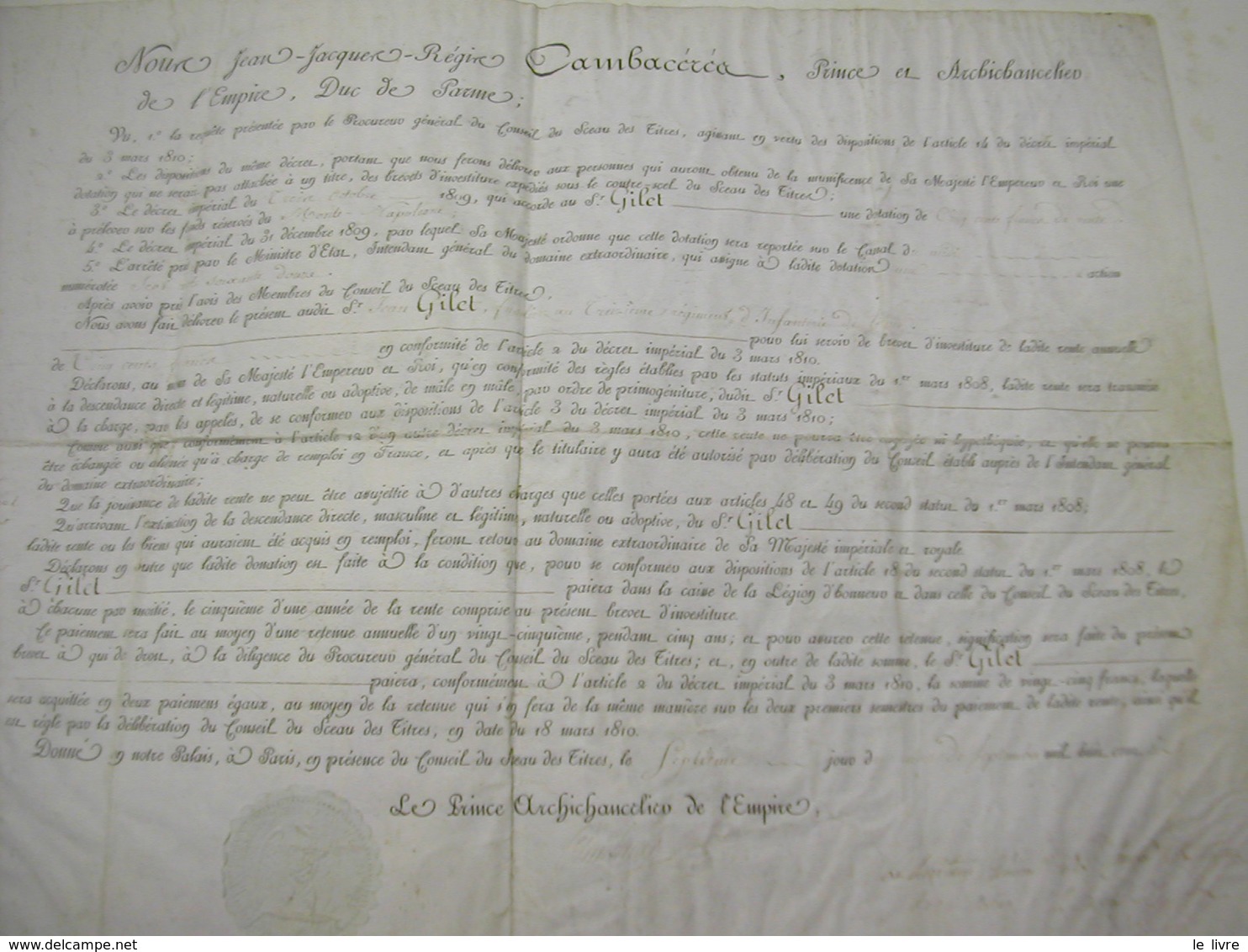 CAMBACERES. BREVET DE RENTE ANNUELLE A UN FUSILIER DU 13 REGIMENT D'INFANTERIE DE LIGNE 1810