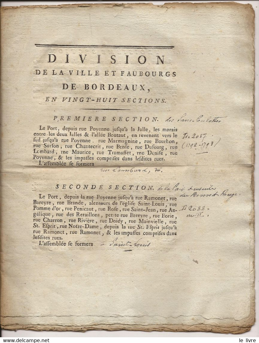 RARE DECRET DIVISION DE LA VILLE ET FAUBOURGS DE BORDEAUX EN VINGT-HUIT SECTIONS 1792